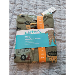 Boys Carter's Fleece Footie Pajama 12M Green Brown Construction Trucks 🚚 NWT